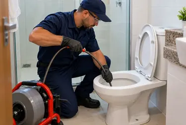 Encanador desentupindo um vaso sanitário em Marituba utilizando ferramentas especializadas.