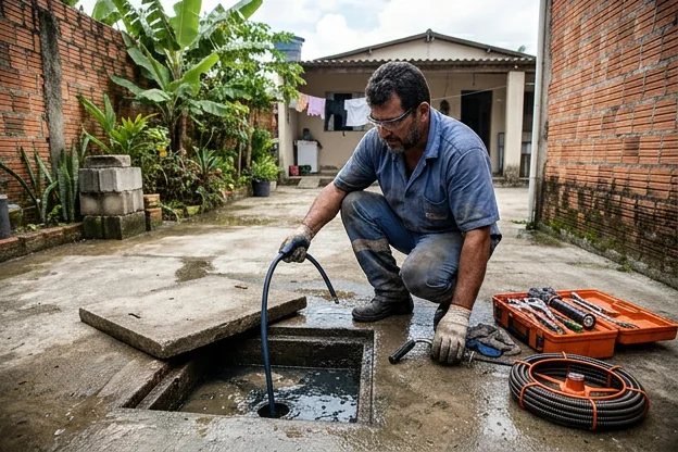 Encanador detectando sinais de entupimento em Marituba com ferramentas adequadas.