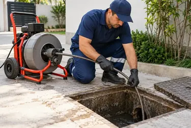 Profissional desentupindo um esgoto em Marituba com ferramentas de desentupimento.