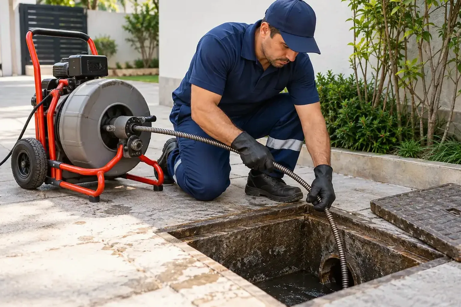 Profissional desentupindo um esgoto em Marituba com ferramentas de desentupimento.