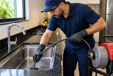 Profissional desentupindo uma pia em Marituba com ferramentas de encanamento.