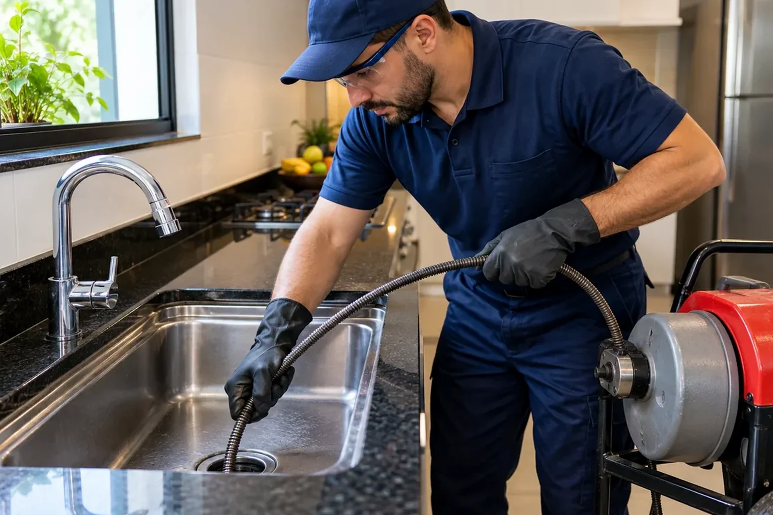 Profissional desentupindo uma pia em Marituba com ferramentas de encanamento.