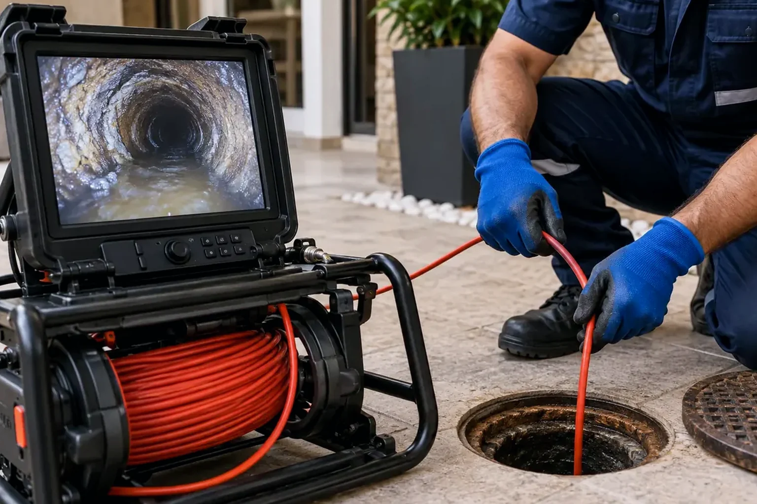 Profissional limpando uma fossa séptica em Marituba com ferramentas especializadas.