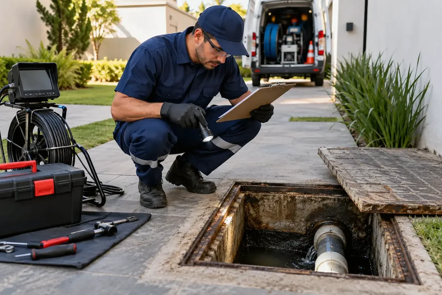 Técnico desentupindo tubulações em Marituba usando equipamentos adequados.