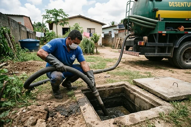 Técnico limpando a fossa séptica em Marituba, destacando a necessidade de manutenção.